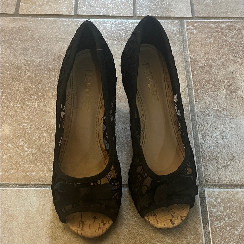 Report Black Lace Peep-Toe Heels